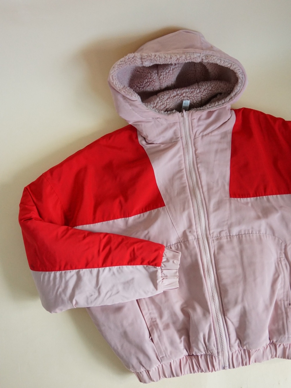 Alo Terry Sherpa Puffer Oversized Hoodie Pink/Red Nylon Jacket - Size Medium